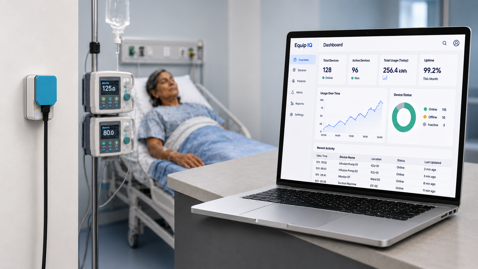 Equip IQ Smart Plug mounted in a hospital room with dashboard shown on a laptop